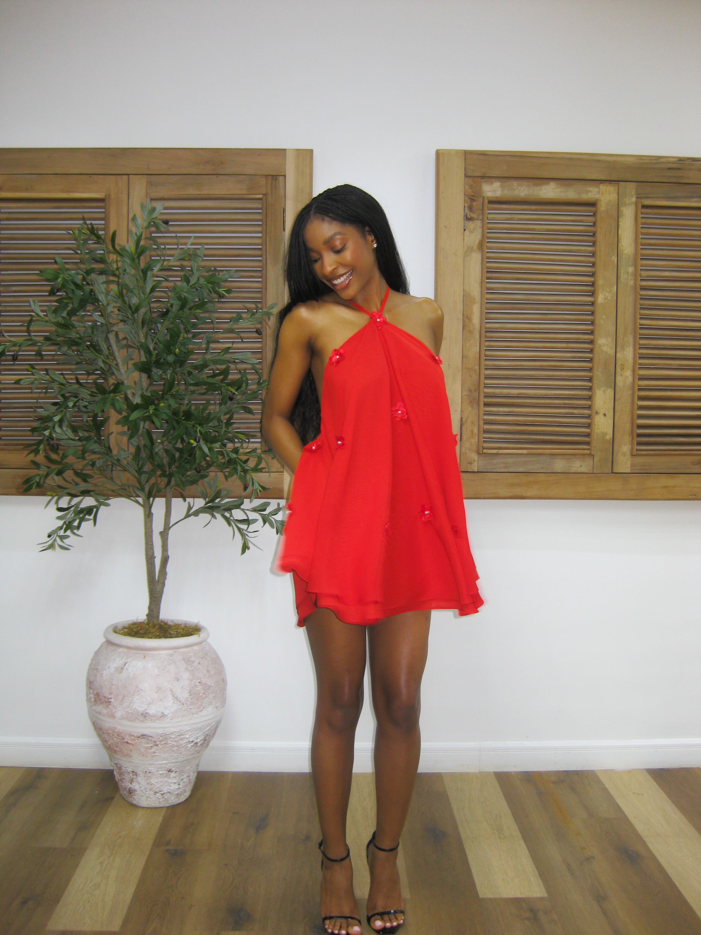 zara red dress STRETCH HEART - Flared hem ZW COLLECTION SATIN EFFECT HALTER